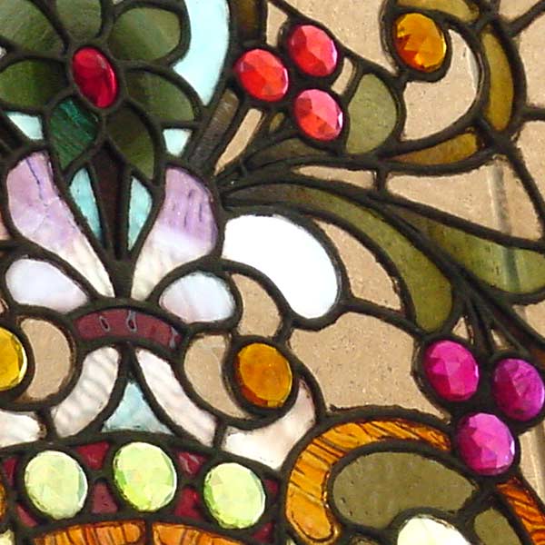 Detail of AE417 antique American stained and beveled glass window with 50 jewels.