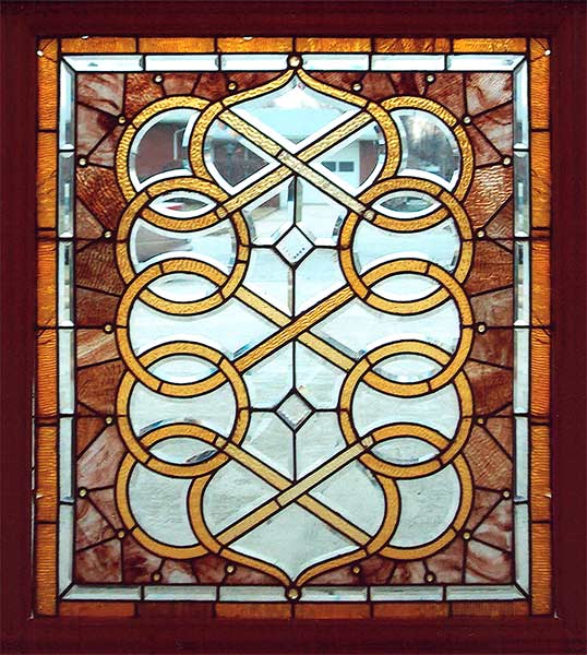 AE406 antique Victorian combination window with jewels, stained and beveled glass.