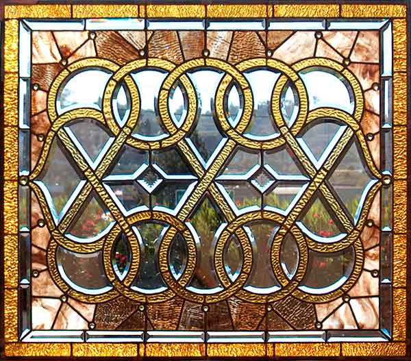 AE406 antique Victorian combination window with jewels, stained and beveled glass.